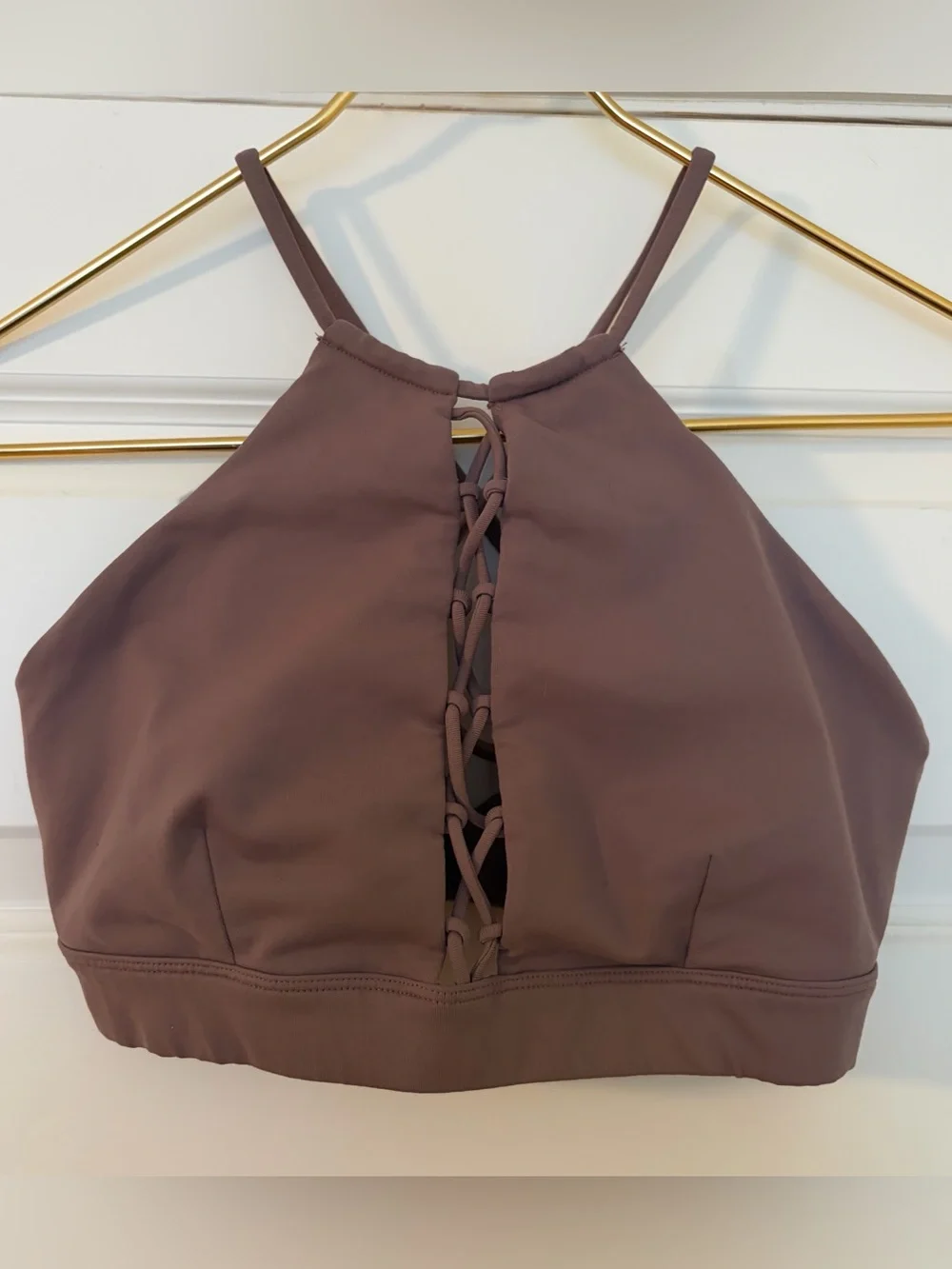 Alo Yoga Starlet Lace-Up Bra in Smoky Quartz, Size Small